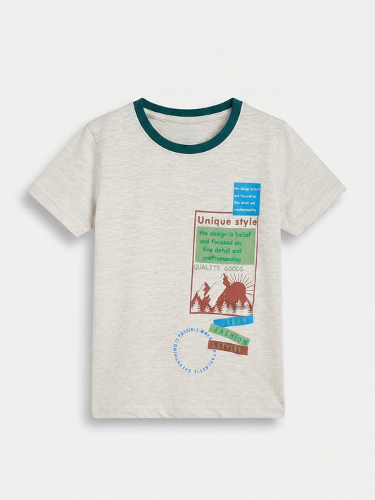 Boys Round Neck T Shirt with 3/4th Bottom Set - Heather Light Grey / Deep Pine Teal