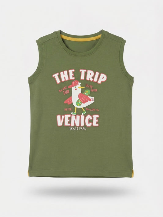 Boys Sleeveless Forward Shoulder T Shirt - Olive Khaki
