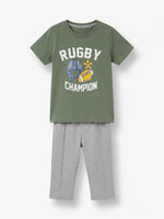 Boys Round Neck T Shirt with 3/4th Bottom Set - Olive Khaki / Heather Grey