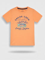 Boys Round Neck T Shirt with 3/4th Bottom Set - Peach Orange / Dark Navy