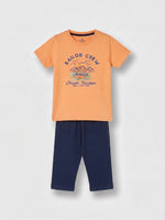Boys Round Neck T Shirt with 3/4th Bottom Set - Peach Orange / Dark Navy