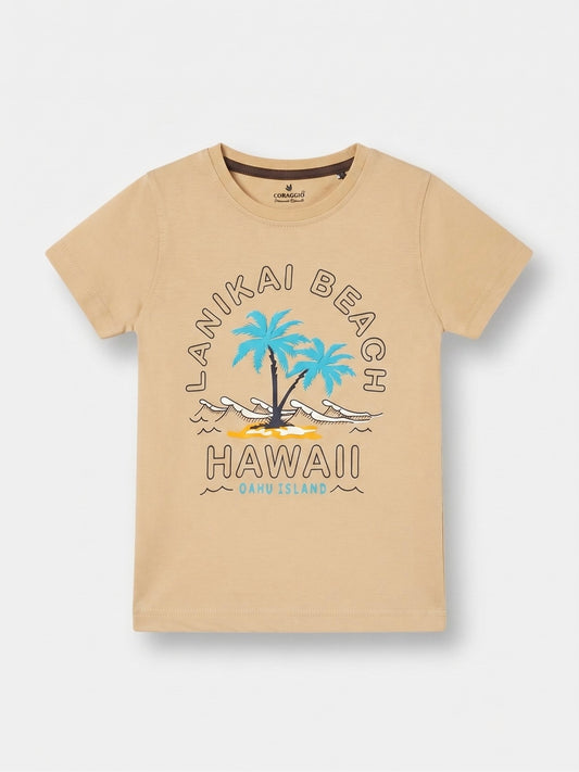 Boys Round Neck T Shirt with 3/4th Bottom Set - Sandy Beige / Dark Chocolate Brown