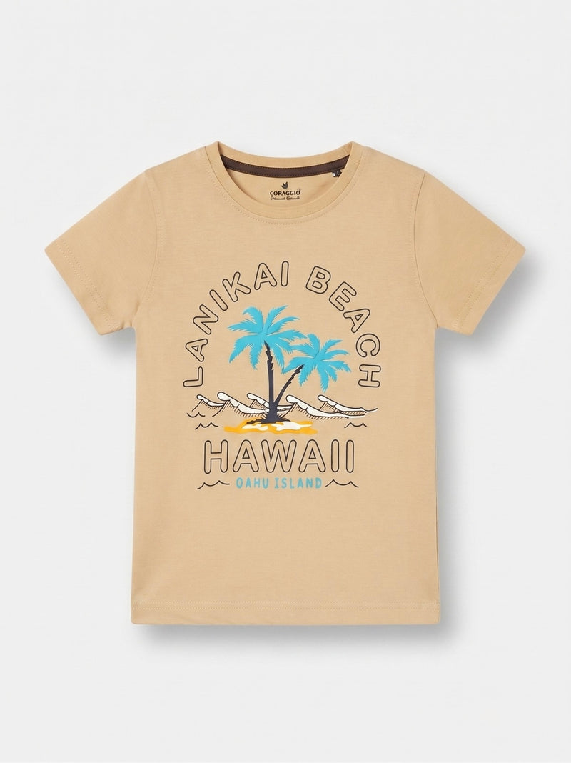 Boys Round Neck T Shirt with 3/4th Bottom Set - Sandy Beige / Dark Chocolate Brown