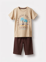 Boys Round Neck T Shirt with 3/4th Bottom Set - Sandy Beige / Dark Chocolate Brown