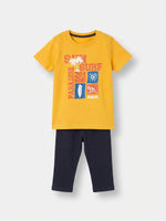 Boys Round Neck T Shirt with 3/4th Bottom Set - Sunburst Yellow / Midnight Navy