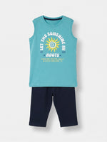 Boys Sleeveless T Shirt with 3/4th Bottom Set - Aquamarine Teal / Dark Navy