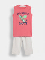 Boys Sleeveless T Shirt with 3/4th Bottom Set - Coral Pink / Heather Light Grey