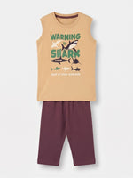 Boys Sleeveless T Shirt with 3/4th Bottom Set - Sandy Beige / Burgundy Plum