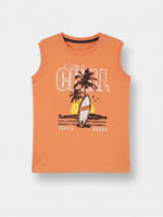 Boys Sleeveless T Shirt with 3/4th Bottom Set - Sunset Orange / Dark Chocolate Brown