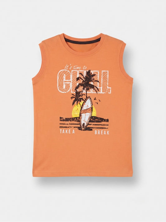 Boys Sleeveless T Shirt with 3/4th Bottom Set - Sunset Orange / Dark Chocolate Brown