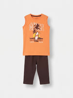 Boys Sleeveless T Shirt with 3/4th Bottom Set - Sunset Orange / Dark Chocolate Brown