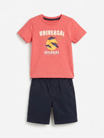 Boys Round Neck T Shirt with Shorts Set - Coral Rose / Midnight Navy