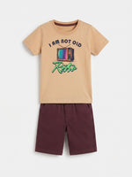 Boys Round Neck T Shirt with Shorts Set - Sandy Camel / Dark Burgundy