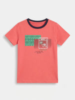 Boys Round Neck T Shirt with 3/4th Bottom Set - Coral Red / Dark Navy