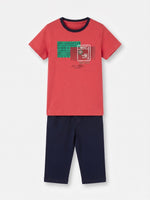 Boys Round Neck T Shirt with 3/4th Bottom Set - Coral Red / Dark Navy