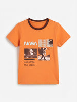 Boys Round Neck T Shirt with 3/4th Bottom Set - Peach Orange / Dark Chocolate Brown