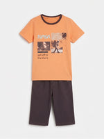 Boys Round Neck T Shirt with 3/4th Bottom Set - Peach Orange / Dark Chocolate Brown
