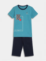 Boys Round Neck T Shirt with 3/4th Bottom Set - Teal Blue / Midnight Navy