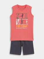 Boys Sleeveless T Shirt with Shorts Set - Coral Red / Dark Grey