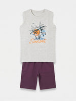 Boys Sleeveless T Shirt with Shorts Set - Heather Light Grey / Dark Burgundy