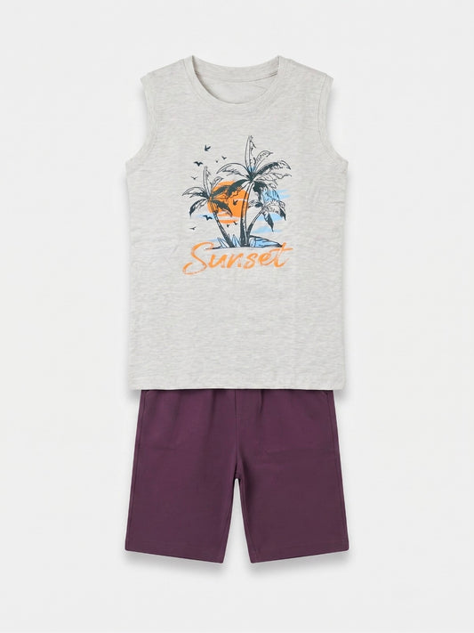 Boys Sleeveless T Shirt with Shorts Set - Heather Light Grey / Dark Burgundy