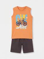 Boys Sleeveless T Shirt with Shorts Set - Peach Orange / Dark Chocolate Brown