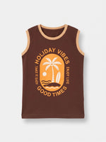 Boys Sleeveless Contrast Rib T Shirt with Shorts Set - Dark Chocolate Brown / Sandy Camel