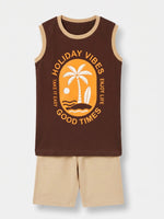 Boys Sleeveless Contrast Rib T Shirt with Shorts Set - Dark Chocolate Brown / Sandy Camel