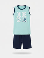 Boys Sleeveless Contrast Rib T Shirt with Shorts Set - Mint Aquamarine / Midnight Navy