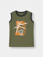 Boys Sleeveless Contrast Rib T Shirt with Shorts Set - Olive Khaki / Dark Grey