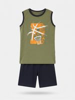 Boys Sleeveless Contrast Rib T Shirt with Shorts Set - Olive Khaki / Dark Grey