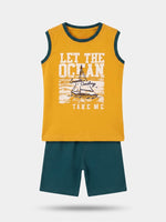 Boys Sleeveless Contrast Rib T Shirt with Shorts Set - Sunny Mustard Yellow / Deep Pine Teal
